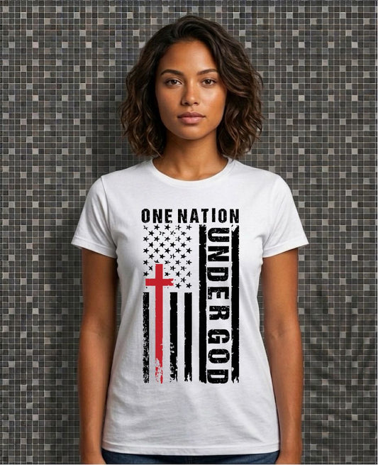 Woman wearing a white t-shirt with a design featuring 'One Nation Under God' and an American flag.