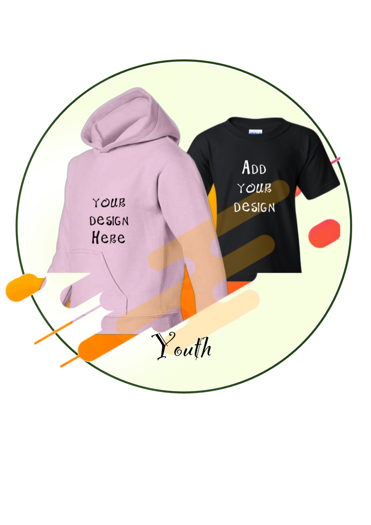 Customized youth clothes such as hoodies, shirts, and pants, with different colors. You can personalize it with any design or logo you like. 