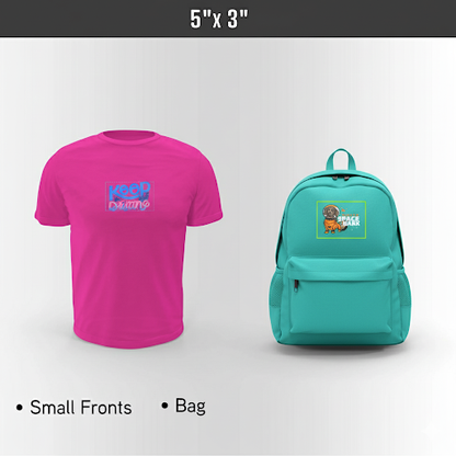 Personalized pink t-shirt with blue text and personalized green backpack with cartoon character on a light gray background