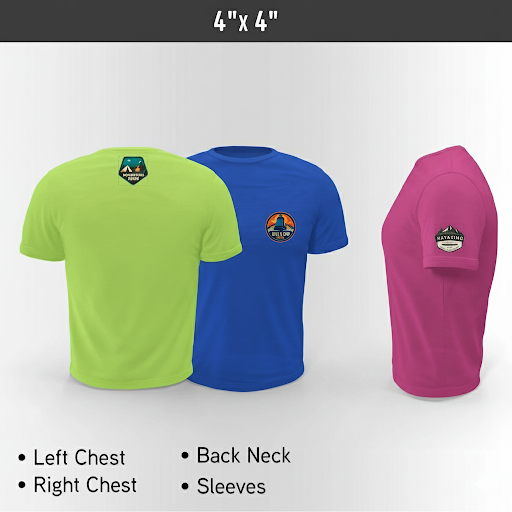Three personalized t-shirts in green, blue, and pink with printed logos on different parts of the body.