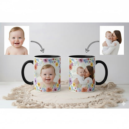 Two mugs with floral design featuring photos of a baby and a woman holding a baby, on a white surface.
