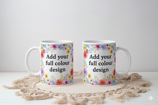 Two mugs with floral designs and text on a white background