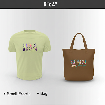 Light green personalized t-shirt and brown personalized tote bag with printed 'Beach' text design on a white background