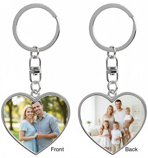 Heart-shaped keychain with two different photos on front and back