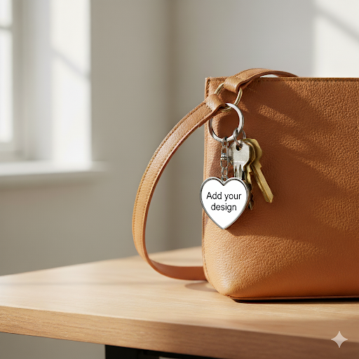 Brown leather handbag with a keychain on a wooden surface