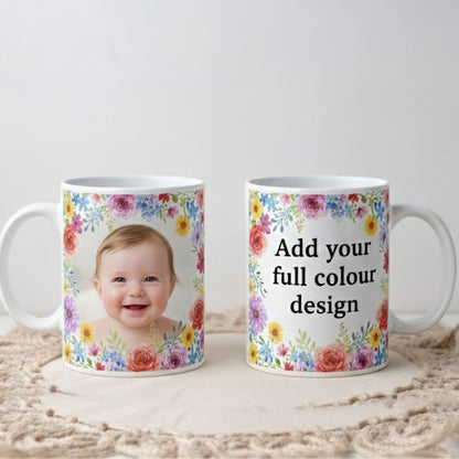 Two mugs with floral designs and text on a white background