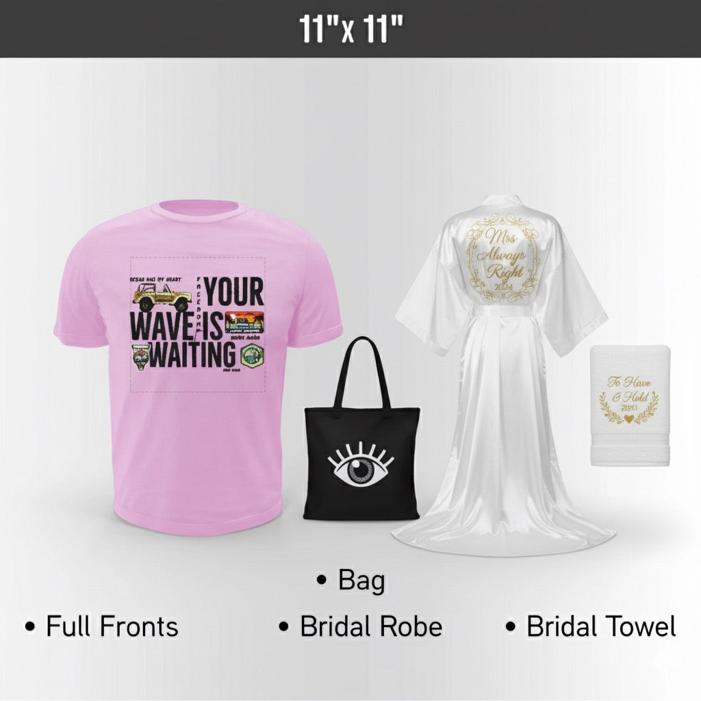 Personalized Pink t-shirt, black bag, Personalized white bridal robe, and Personalized white bridal towel on a light gray background.