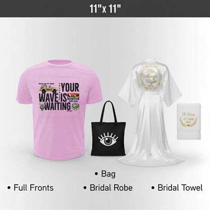 Personalized Pink t-shirt, black bag, Personalized white bridal robe, and Personalized white bridal towel on a light gray background.