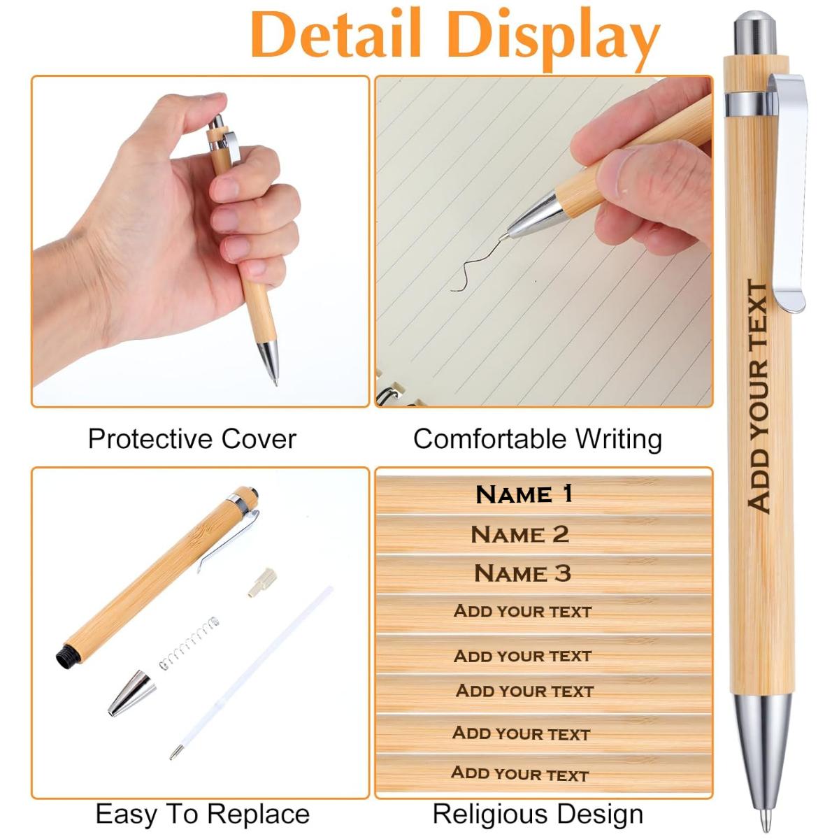 Bamboo pen with protective cover, comfortable writing, customizable text, and religious design features.