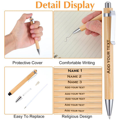 Bamboo pen with protective cover, comfortable writing, customizable text, and religious design features.