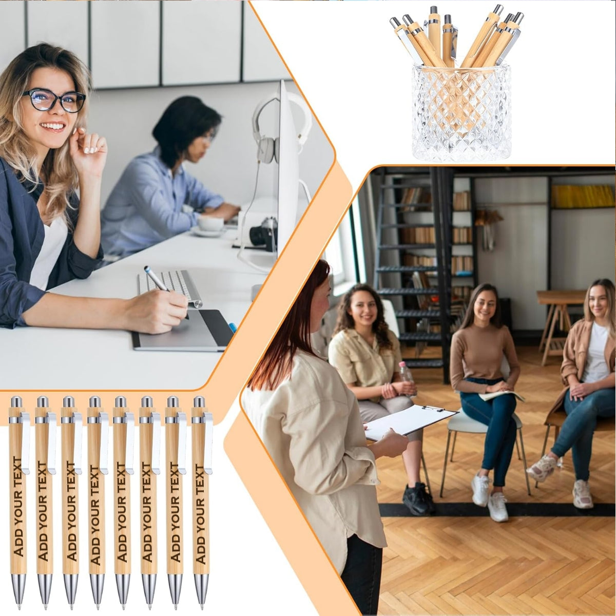Collage of a woman at a desk, a classroom setting, and personalized pencils with text.