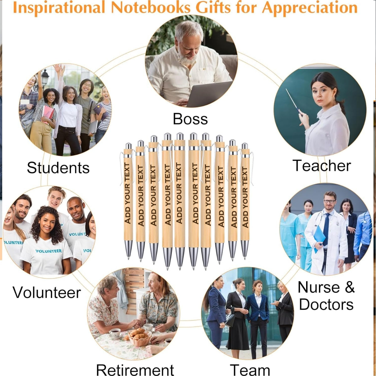 Inspirational notebooks and pens with various professions depicted, including a boss, students, teacher, nurse, doctor, volunteer, retiree, and team.