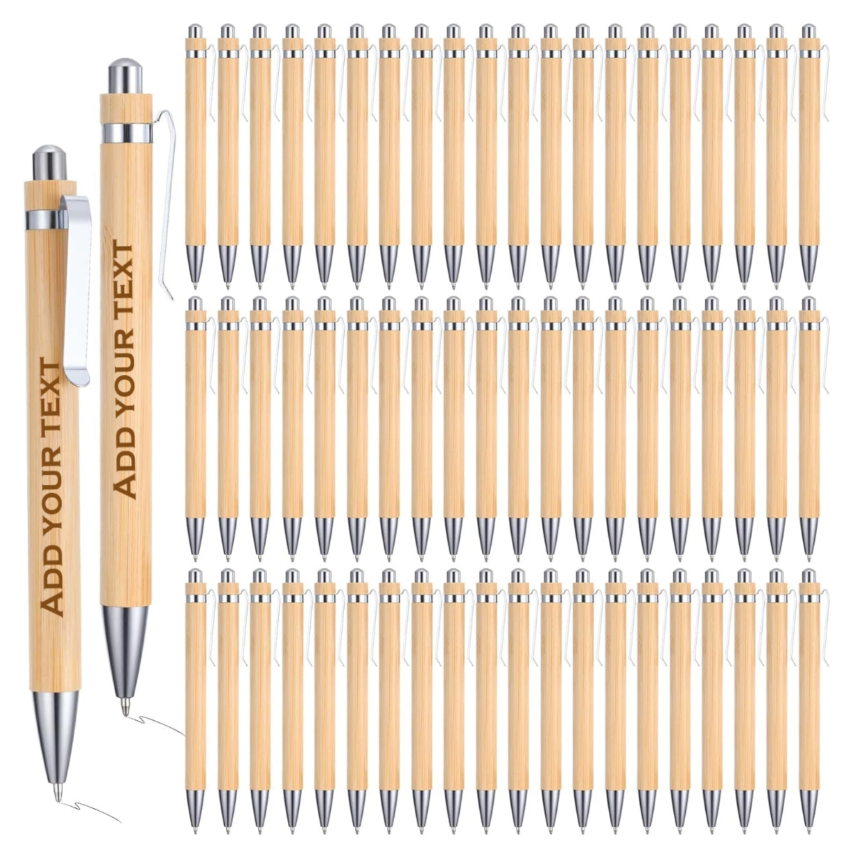 Set of wooden pens with customizable text on a white background