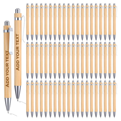 Set of wooden pens with customizable text on a white background