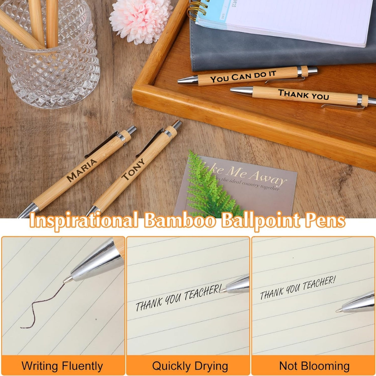 Inspirational bamboo ballpoint pens on a wooden surface with text and writing samples.