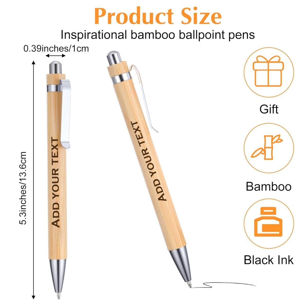 Two bamboo ballpoint pens with text customization options on a white background.