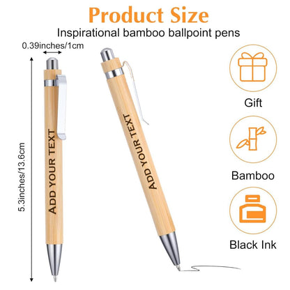 Two bamboo ballpoint pens with text customization options on a white background.