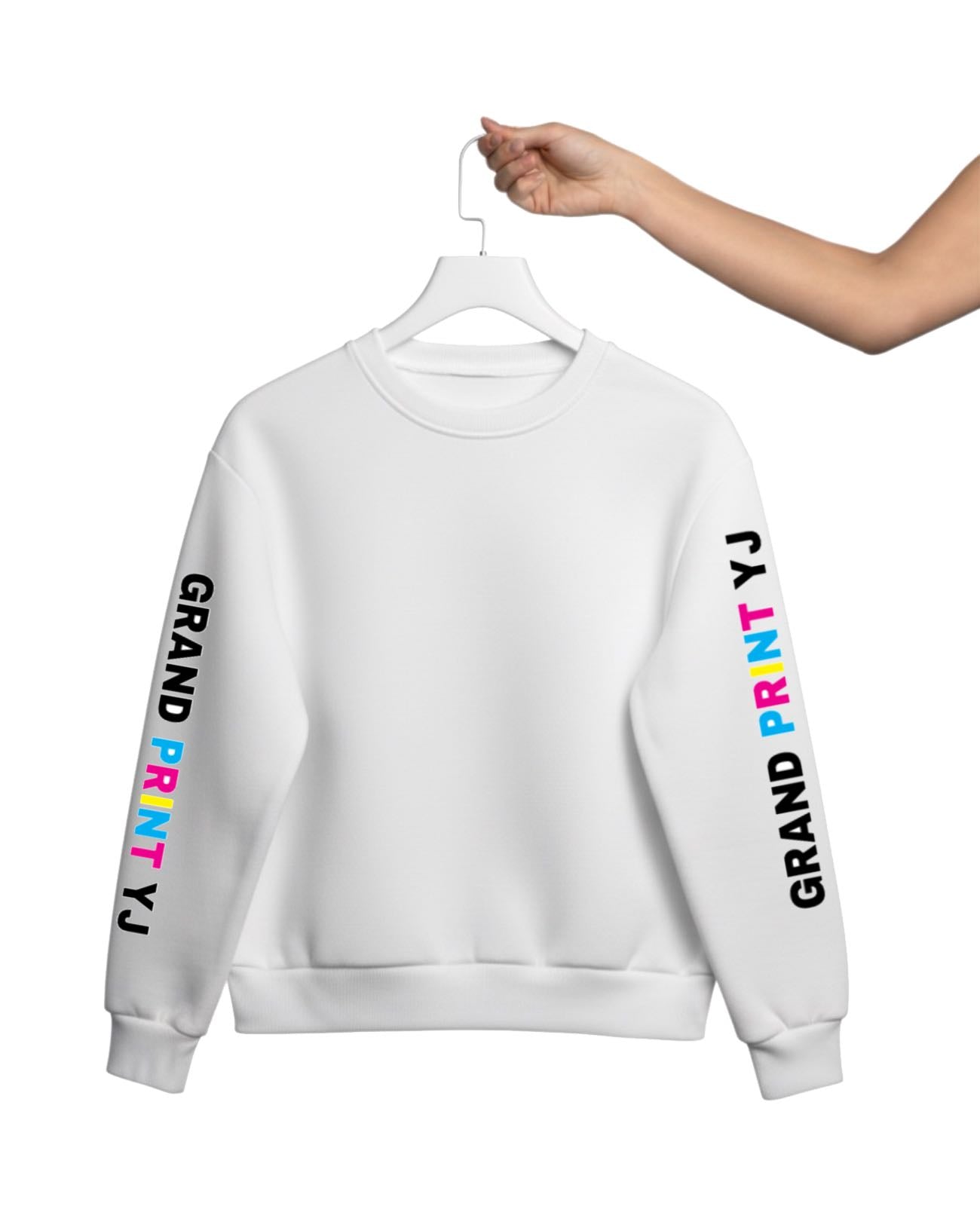 White sweatshirt with colorful text on sleeves, held up on a hanger against a white background.