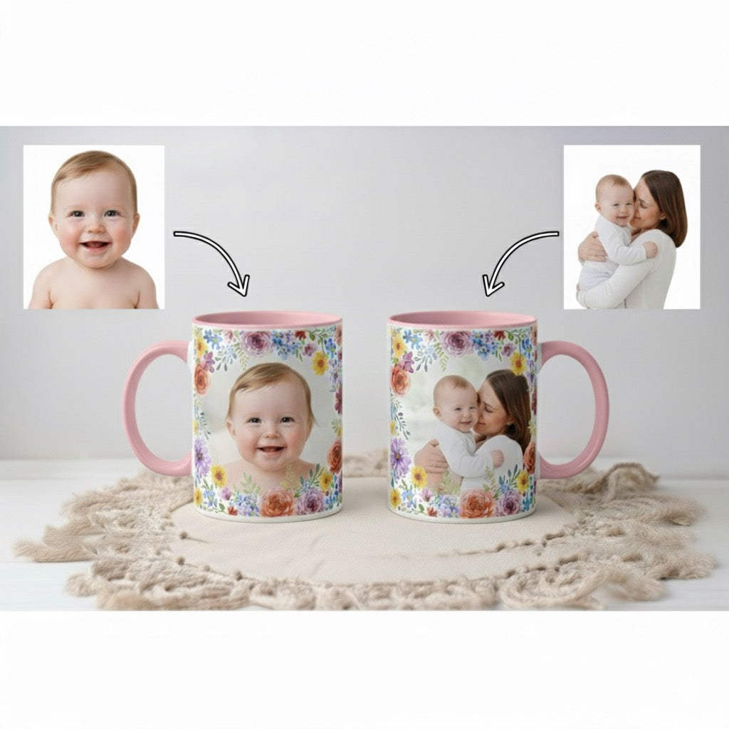 Two mugs with floral design featuring a baby and a family photo on a white surface.