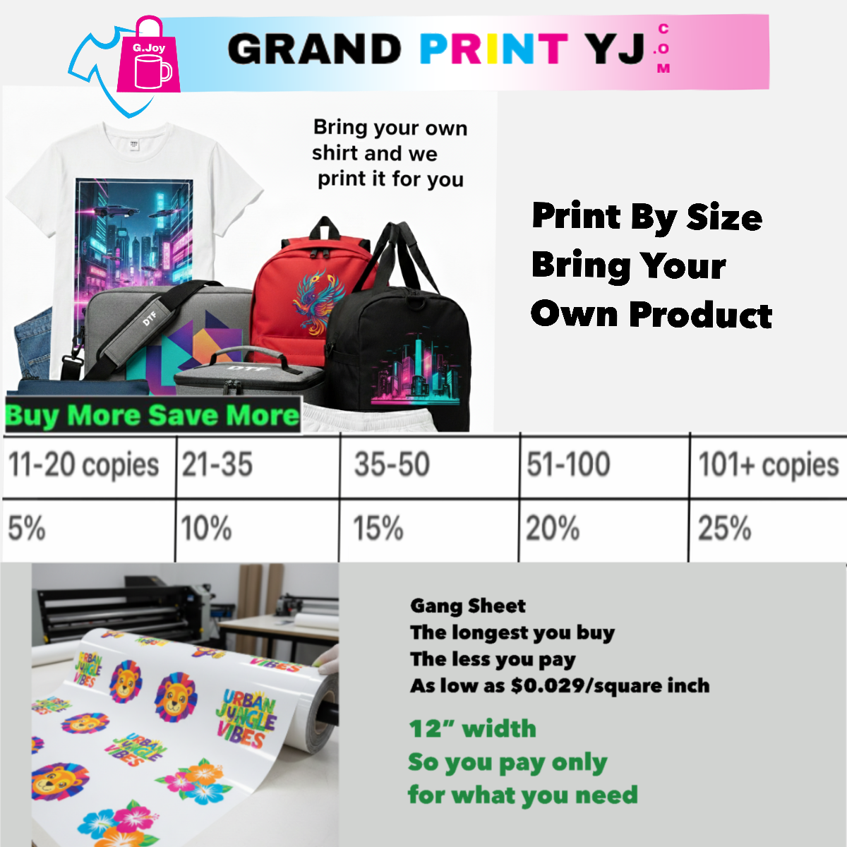 Promotional graphic for Grand Print YJ with printed products and pricing information.