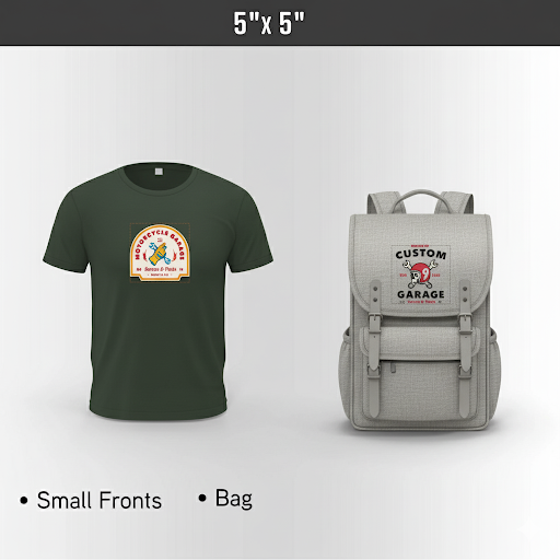 Personalized green t-shirt with a logo and personalized  gray backpack with a 'Custom Garage' logo on a white background.