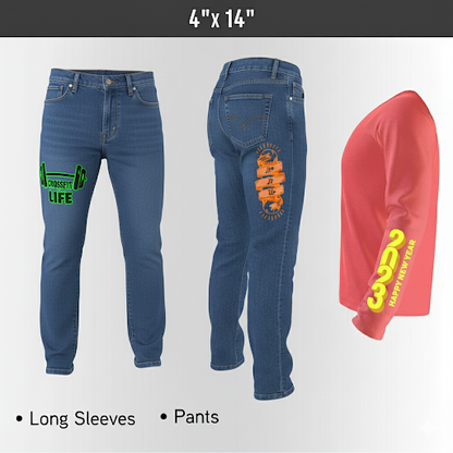 Personalized blue jeans with graphics and a personalized red long-sleeve shirt with printed yellow text on a white background.