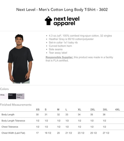 Customized Next Level Men's Cotton Long Body T-Shirt - 3602- Extra Tall Shirt