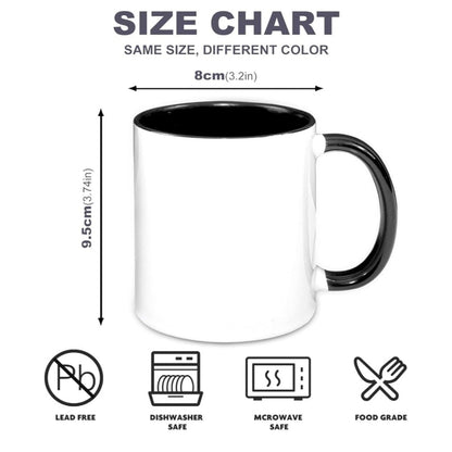 Mug with black interior and handle, size chart, and safety icons on a white background