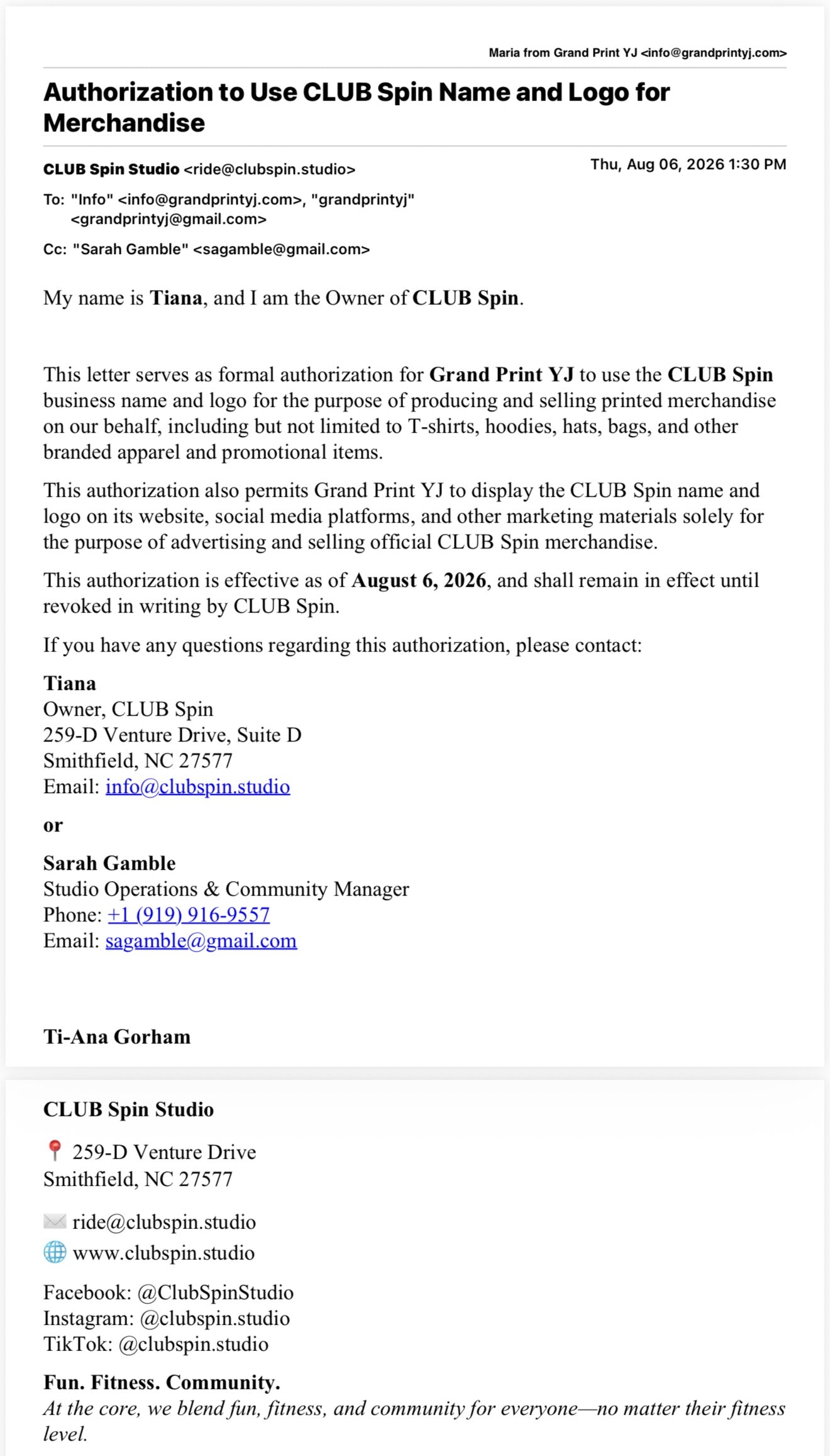 A digital document page showing a formal authorization letter from Grand Print YJ to CLUB Spin Name and Logo for Merchandise, dated August 26, 2020. The page includes text blocks, signatures, and contact information for CLUB Spin Studio.