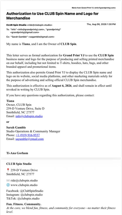 A digital document page showing a formal authorization letter from Grand Print YJ to CLUB Spin Name and Logo for Merchandise, dated August 26, 2020. The page includes text blocks, signatures, and contact information for CLUB Spin Studio.