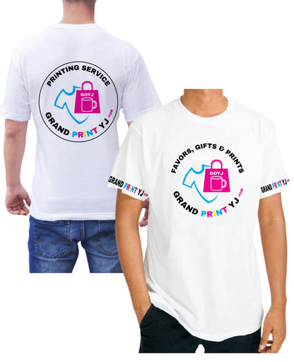 Two people waring white t-shirt showing possibilities of customizing the t-shirt with four prints : Full back + Full front + both short sleeves 