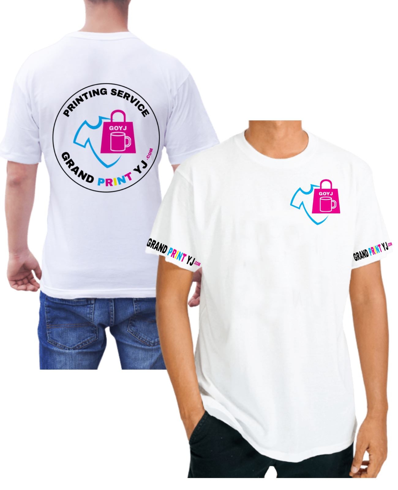 Two people waring white t-shirt showing possibilities of customizing the t-shirt with four prints : Full back + pocket side front + both short sleeves 