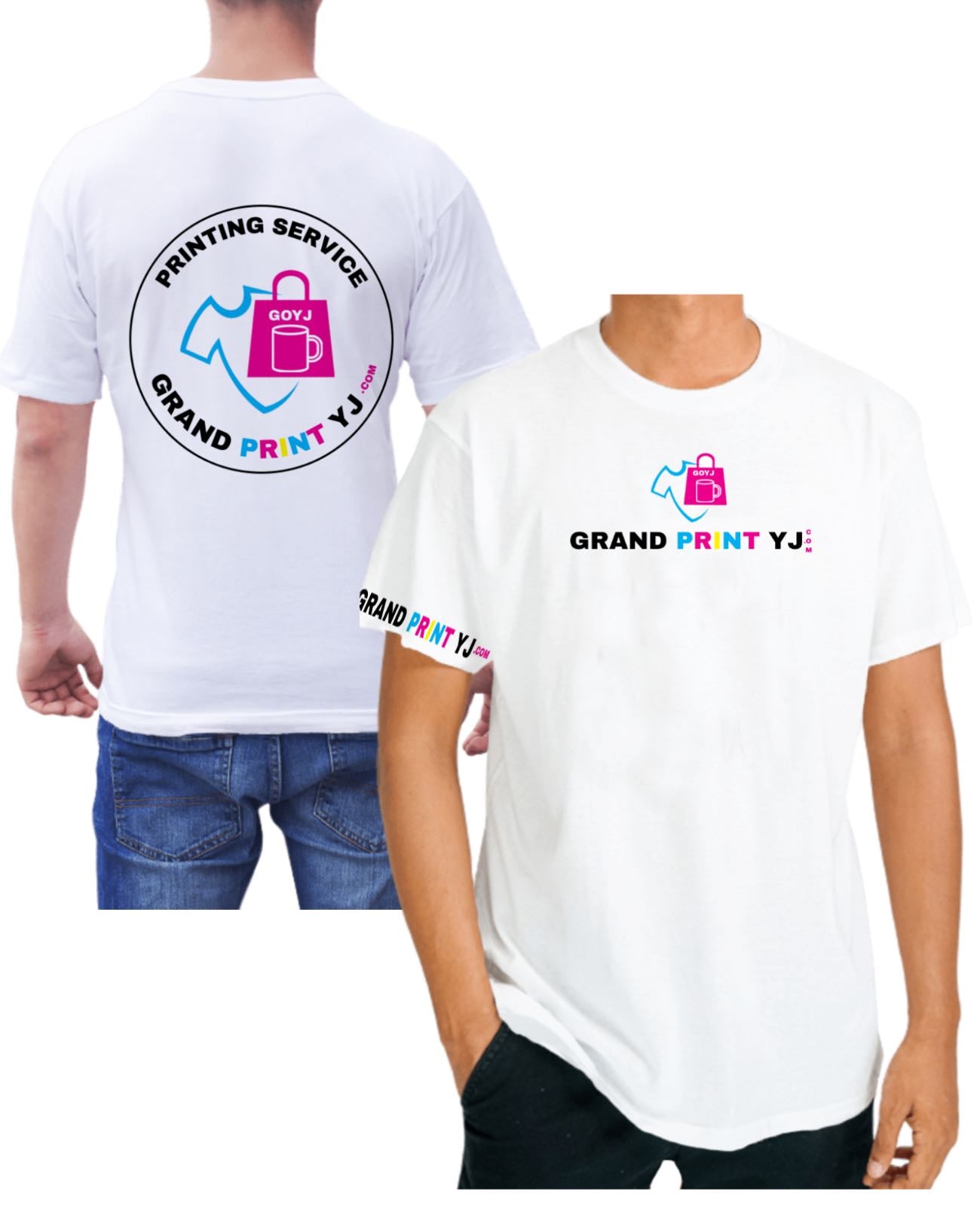Two people wearing white t-shirts with 'Grand Print YJ' logo on a white background. Two people waring white t-shirt showing possibilities of customizing the t-shirt with four prints : Full back + upper chest front + right short sleeves 