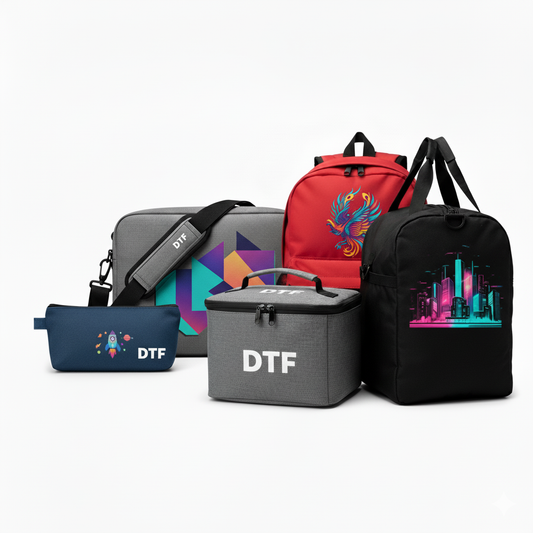 Collection of bags with DTF prints on a white background