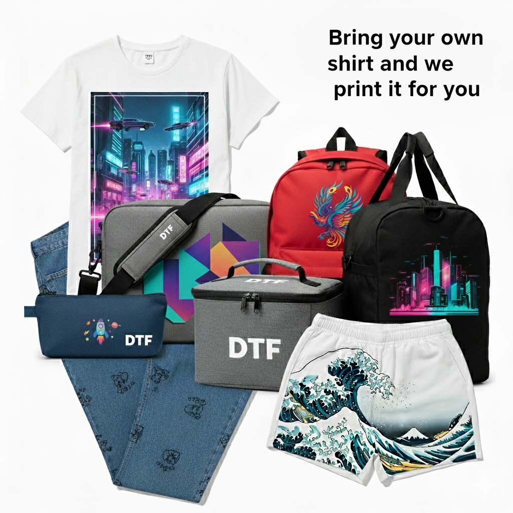 Collection of personalized merchandise including t-shirts, bags, and shorts with various designs.