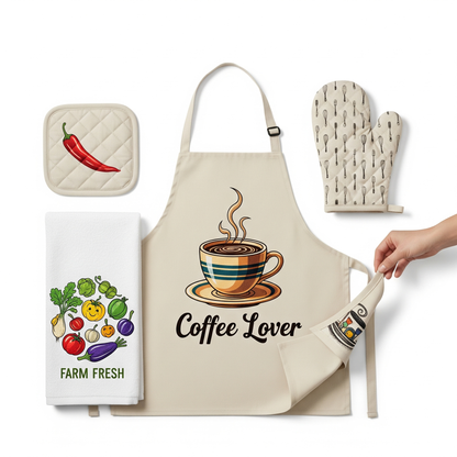 Kitchen set with apron, pot holder, oven mitt, and towel on a white background