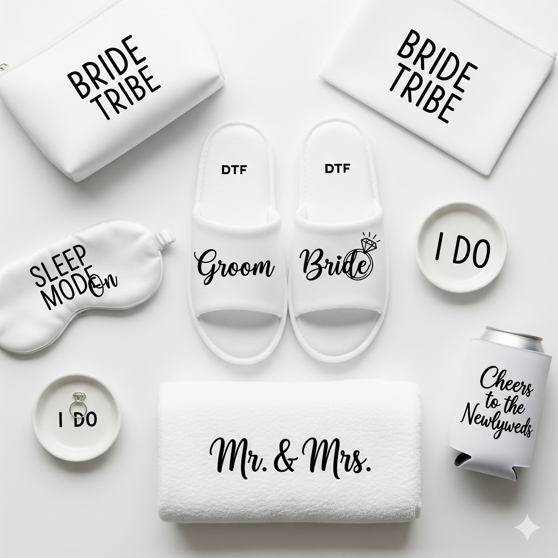 Wedding-themed Personalized items including slippers, towels, and accessories on a white background