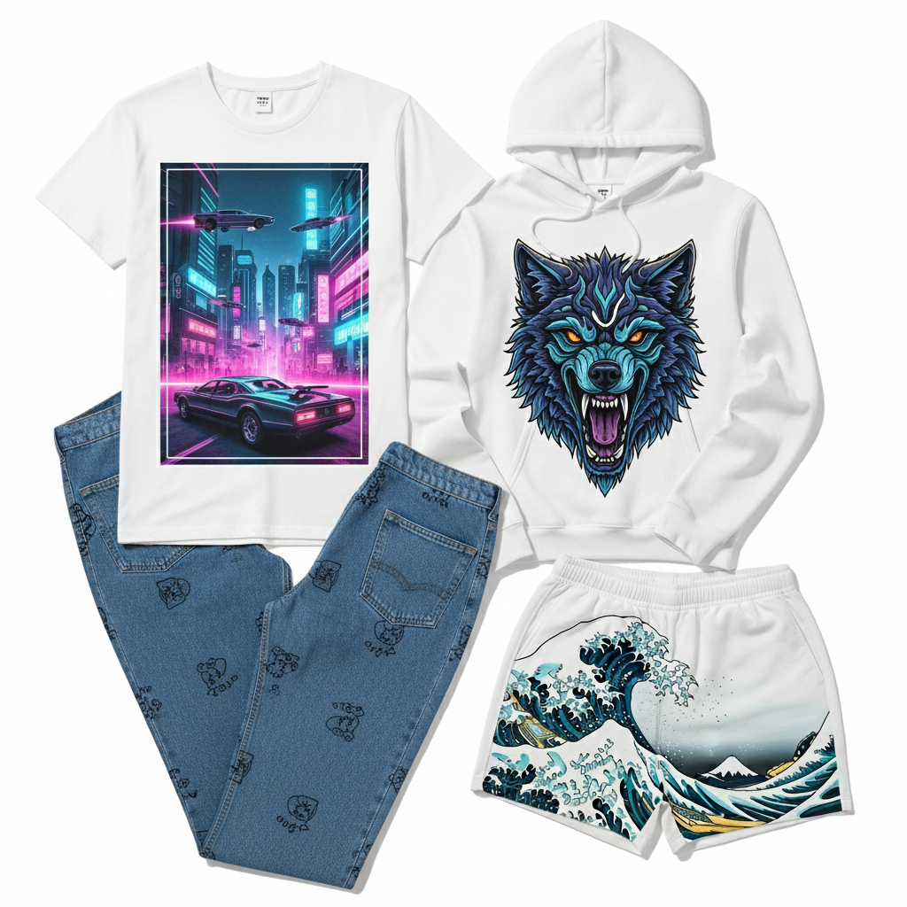 Fashion set with t-shirt, hoodie, jeans, and shorts featuring various designs.