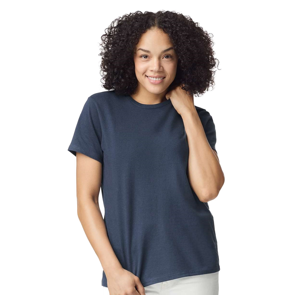 Woman wearing a navy blue t-shirt on a white background