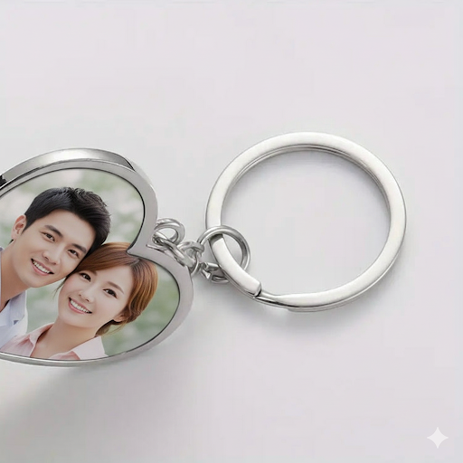 Heart-shaped keychain with a photo of a couple on a light gray background