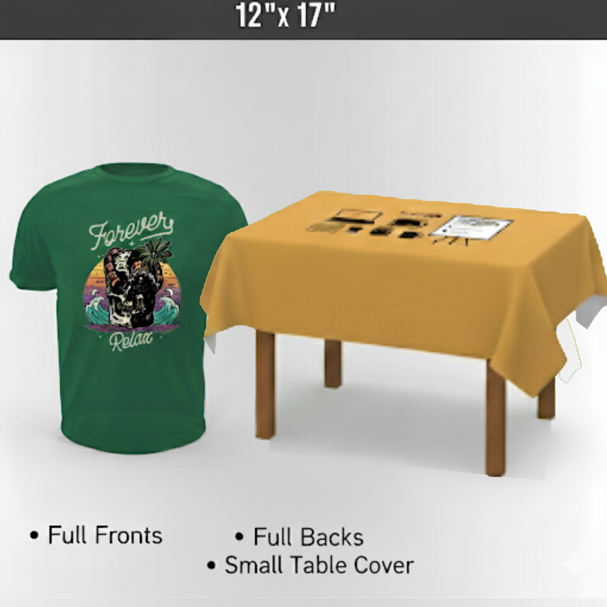 Personalized Green t-shirt with a design next to a Personalized yellow table cover on a white background