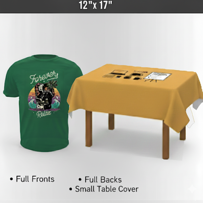 Personalized Green t-shirt with a design next to a Personalized yellow table cover on a white background