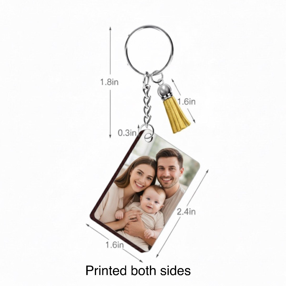 Personalized Keychain with family photo and measurements on a white background