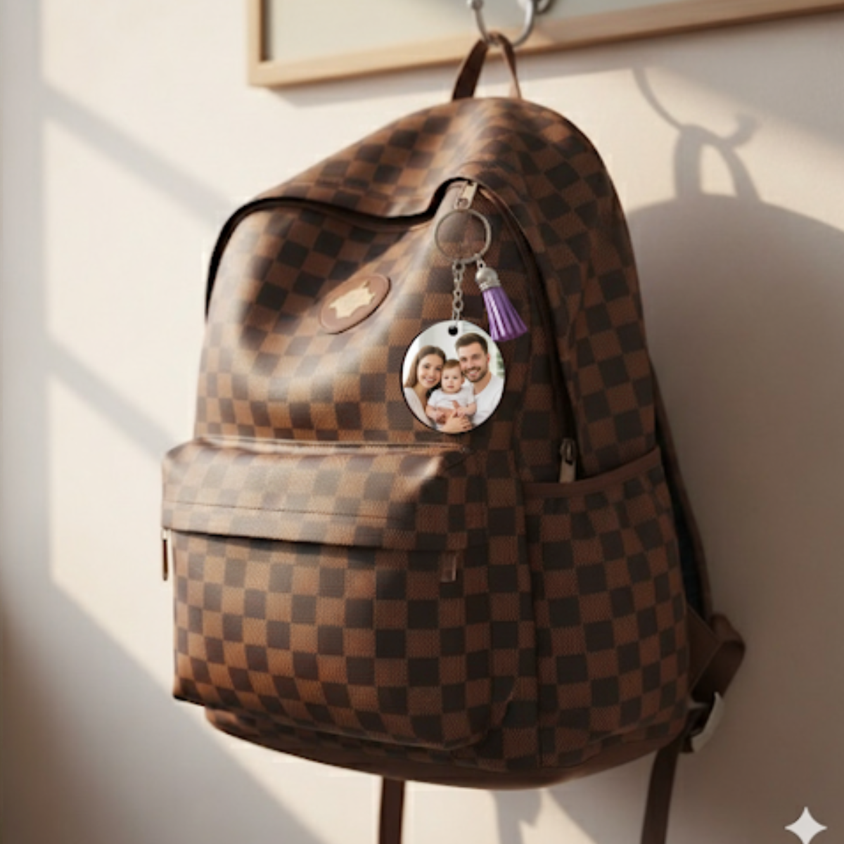Brown checkered backpack with a personalized round keychain featuring a photo of two people, hanging on a wall. 