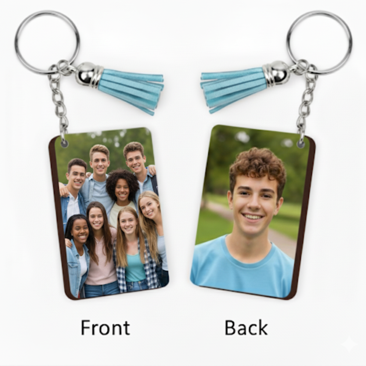 Personalized Keychain with two sides showing different images, one with a group of people and the other with a single person.