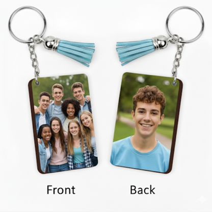 Personalized Keychain with two sides showing different images, one with a group of people and the other with a single person.