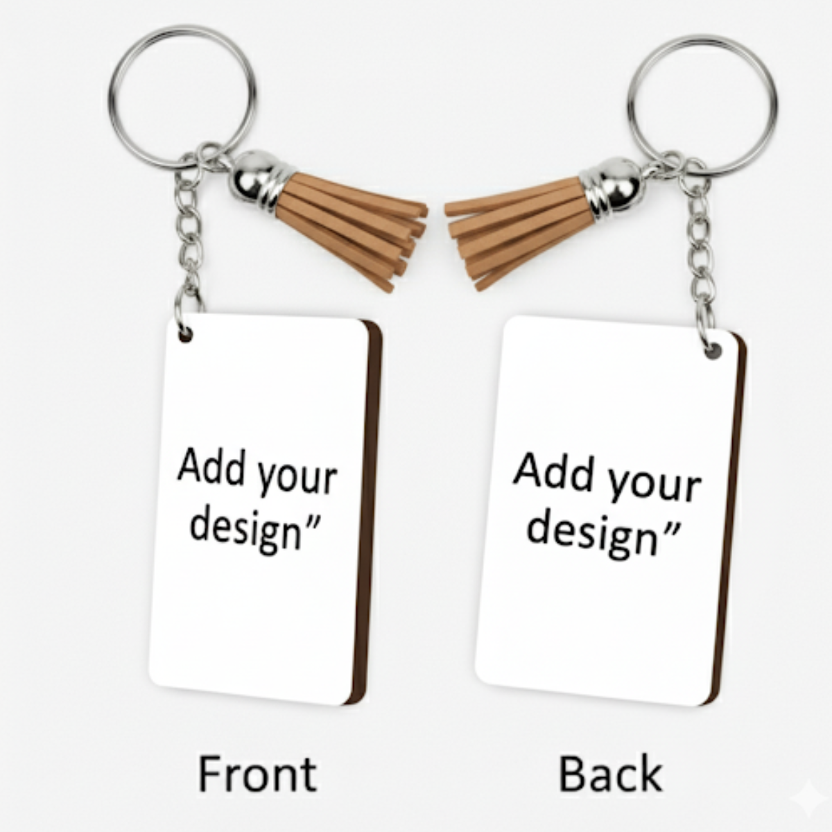 Two keychains with tassels, one showing front and the other back, on a white background waiting for someone to add there design on them.