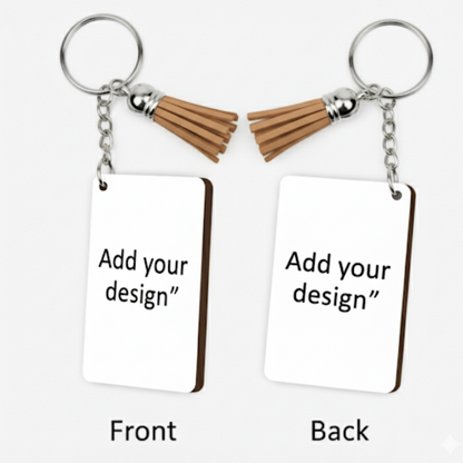 Two keychains with tassels, one showing front and the other back, on a white background waiting for someone to add there design on them.
