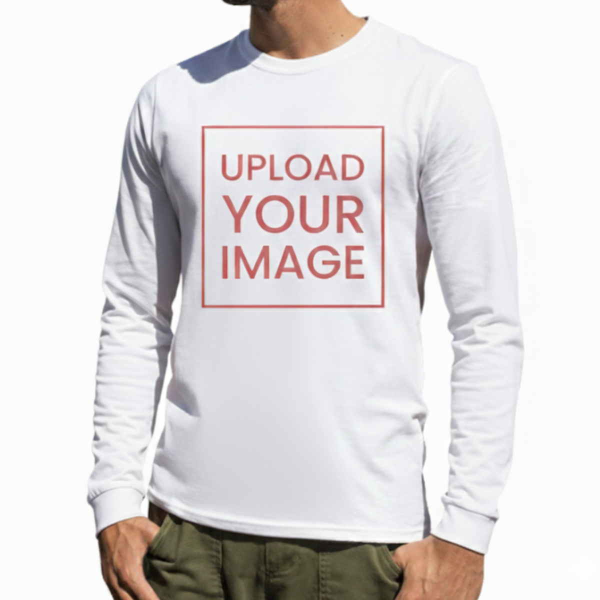 White long-sleeve shirt with 'Upload Your Image' text on a white background ready to be personalized 