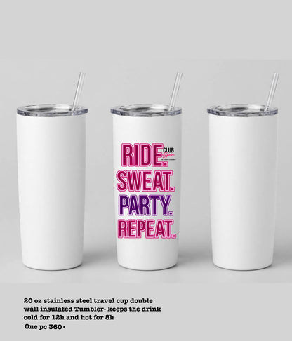 Three white insulated stainless steel travel tumblers with clear lids and straws are shown on a light gray background. The center tumbler features the text 'RIDE.